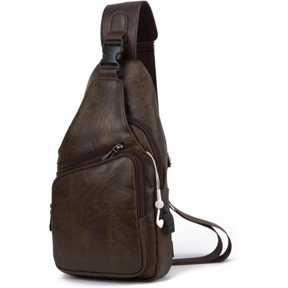 Men's Vintage Leather Sling Bag Shoulder Crossbody Bag with USB